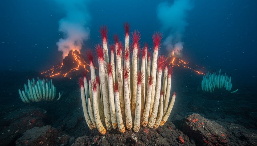 Giant tube worms with red plumes clustered around a deep-sea hydrothermal vent