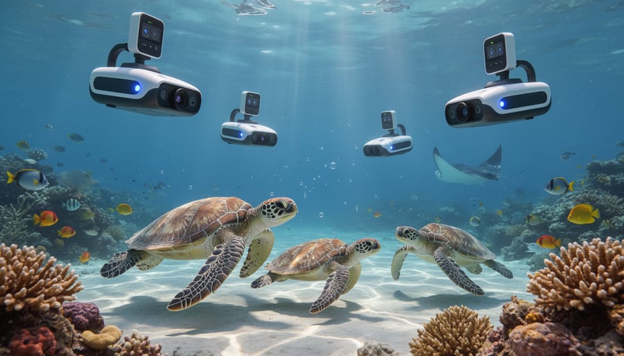 Sea turtle swimming over coral reef with small underwater monitoring drone in background