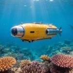 Yellow autonomous underwater vehicle with front camera gliding over a colorful coral reef under sunbeams, with schooling fish and a faint ray silhouette in the distance.