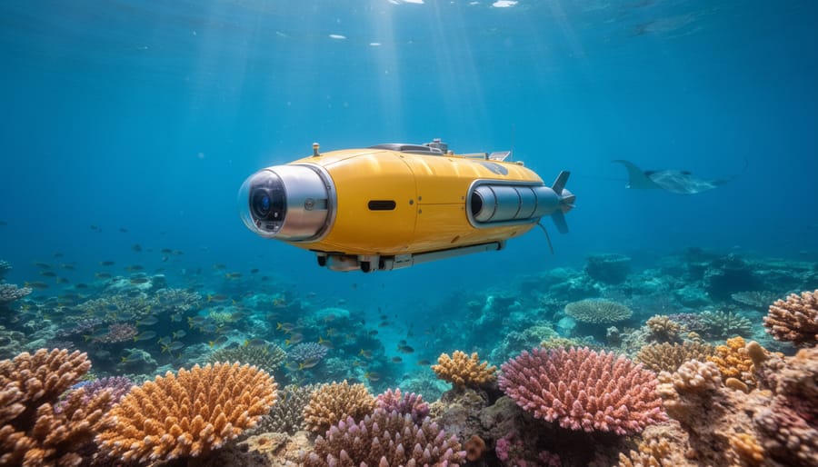 Yellow autonomous underwater vehicle with front camera gliding over a colorful coral reef under sunbeams, with schooling fish and a faint ray silhouette in the distance.
