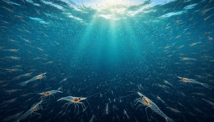 Large school of fish migrating upward through ocean water column toward sunlight