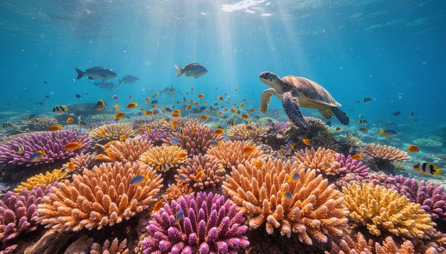 Colorful coral reef with tropical fish in clear blue water with sunlight filtering from above