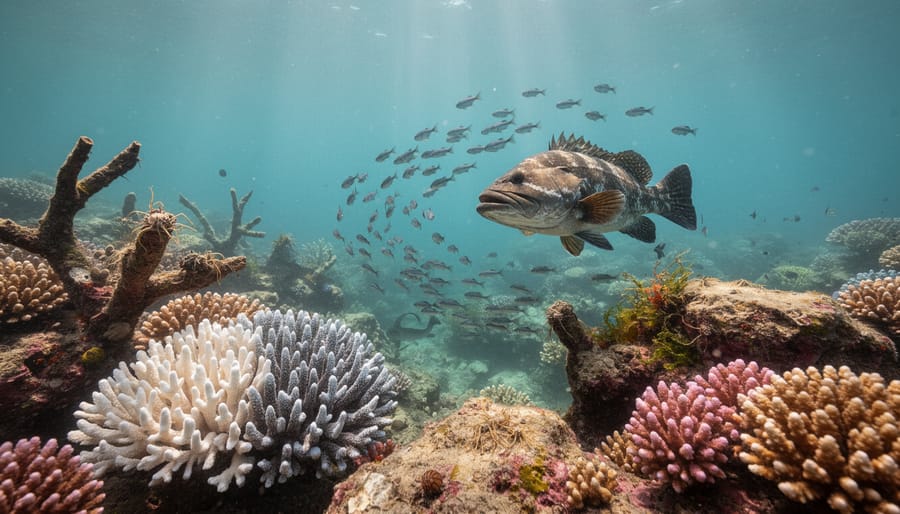 Coral reef showing bleaching effects with reef shark and tropical fish