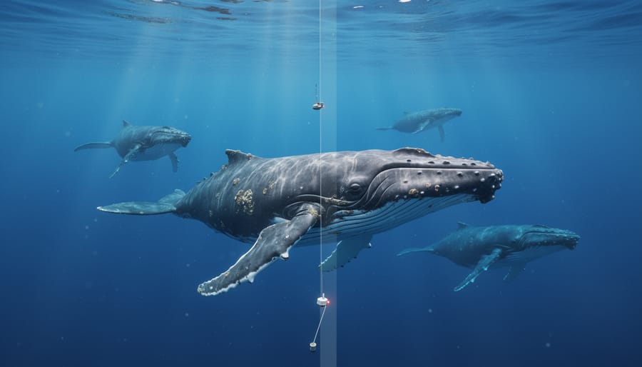 Humpback whale mother and calf swimming underwater during migration