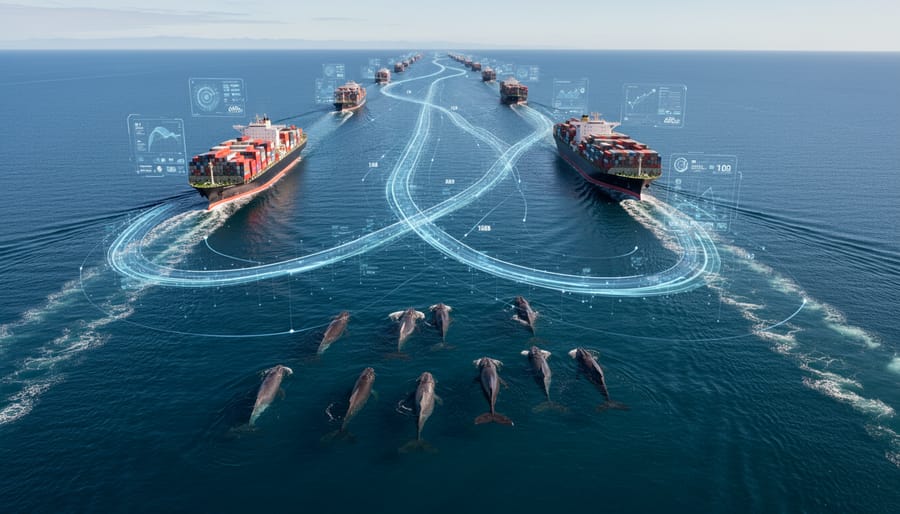 Humpback whale breaching ocean surface with cargo ship in background