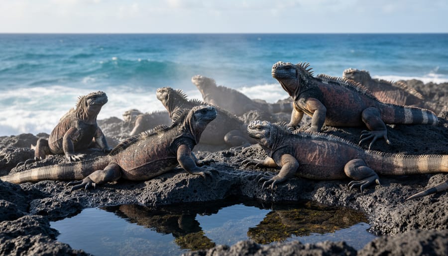 Adult marine iguana basking on volcanic rocks after ocean feeding session