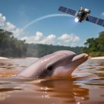 Amazon river dolphin surfacing in shimmering, overheated Amazon lake at waterline view, with an Earth observation satellite high in the bright sky and rainforest shoreline softly blurred under harsh midday sun.
