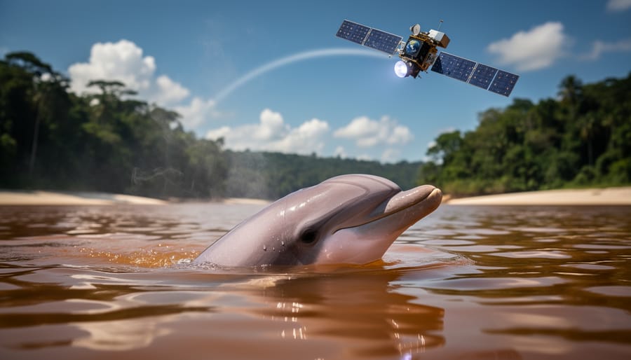 Amazon river dolphin surfacing in shimmering, overheated Amazon lake at waterline view, with an Earth observation satellite high in the bright sky and rainforest shoreline softly blurred under harsh midday sun.