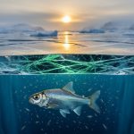 Over-under photograph beneath Arctic sea ice showing translucent, green-tinged brine channels with a juvenile Arctic cod and swarming copepods below, and melting ice floes with a low sun on the horizon above.