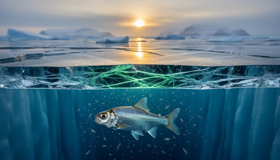 Over-under photograph beneath Arctic sea ice showing translucent, green-tinged brine channels with a juvenile Arctic cod and swarming copepods below, and melting ice floes with a low sun on the horizon above.