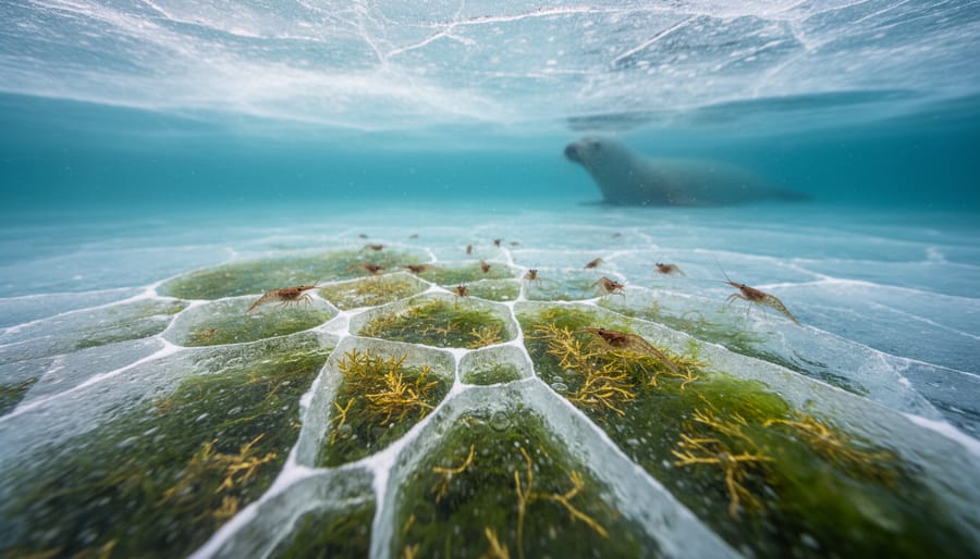 Underwater view of ice algae colonies growing on the underside of Arctic sea ice