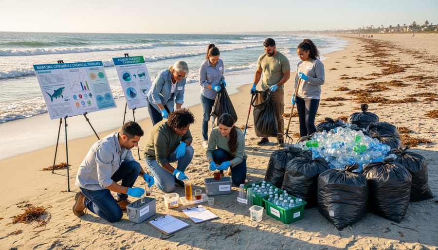 Volunteers participating in beach cleanup activity along ocean shoreline