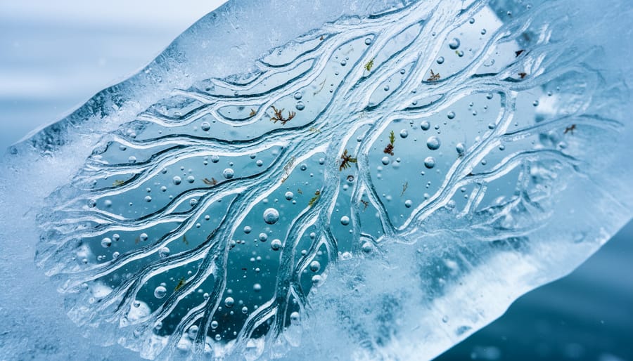 Close-up of translucent Arctic sea ice showing internal brine channels and salt crystal formations