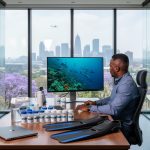 Marine NGO director in a glass-walled Bryanston office reviewing ocean imagery on a monitor beside water testing kits and dive fins, with the Sandton skyline, jacaranda trees, and a distant airplane visible through large windows.