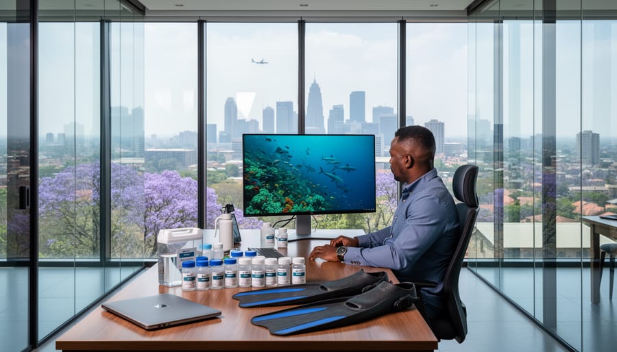 Marine NGO director in a glass-walled Bryanston office reviewing ocean imagery on a monitor beside water testing kits and dive fins, with the Sandton skyline, jacaranda trees, and a distant airplane visible through large windows.