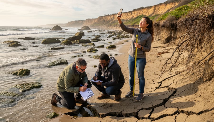 Woman taking smartphone photo of beach shoreline while recording observations in notebook