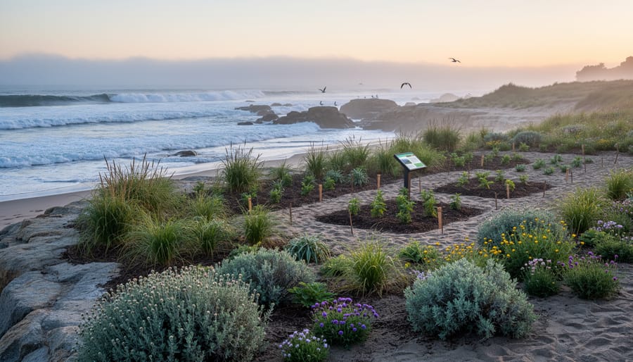 Conservation volunteers planting native vegetation on coastal bluff with marine layer fog in background