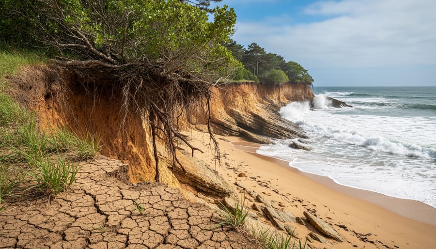 Eroded coastal cliff showing exposed tree roots and undercut sandy edge with ocean in background