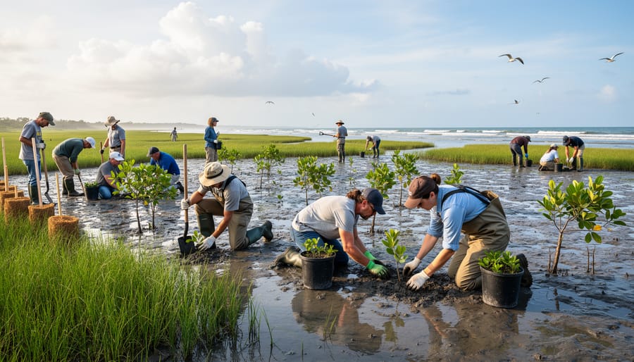 Volunteers planting marsh grass in coastal wetland restoration project