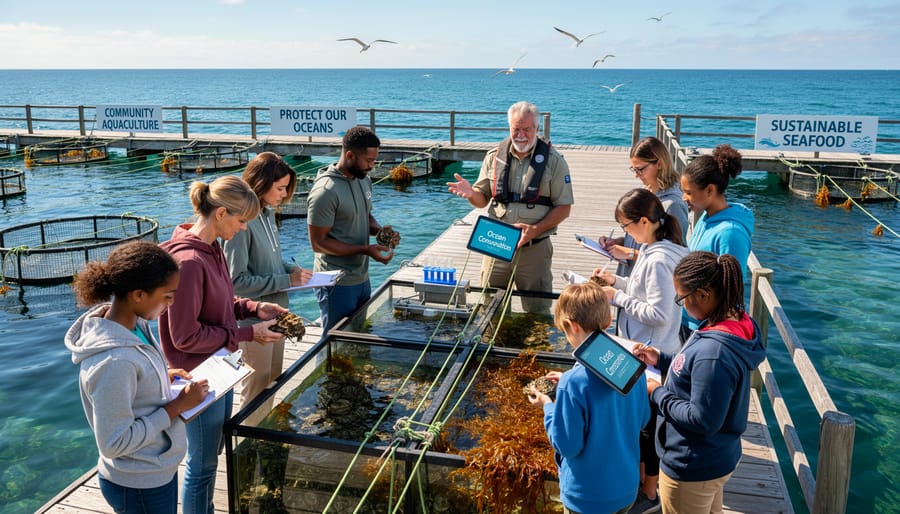 Diverse group of people examining sustainable fish harvest at aquaculture facility