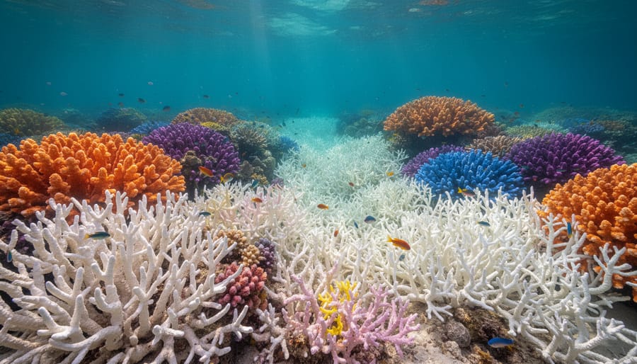 Bleached white coral colony showing effects of climate change and ocean warming