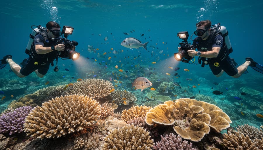 Comparison of bleached coral and healthy coral colonies on the same reef structure