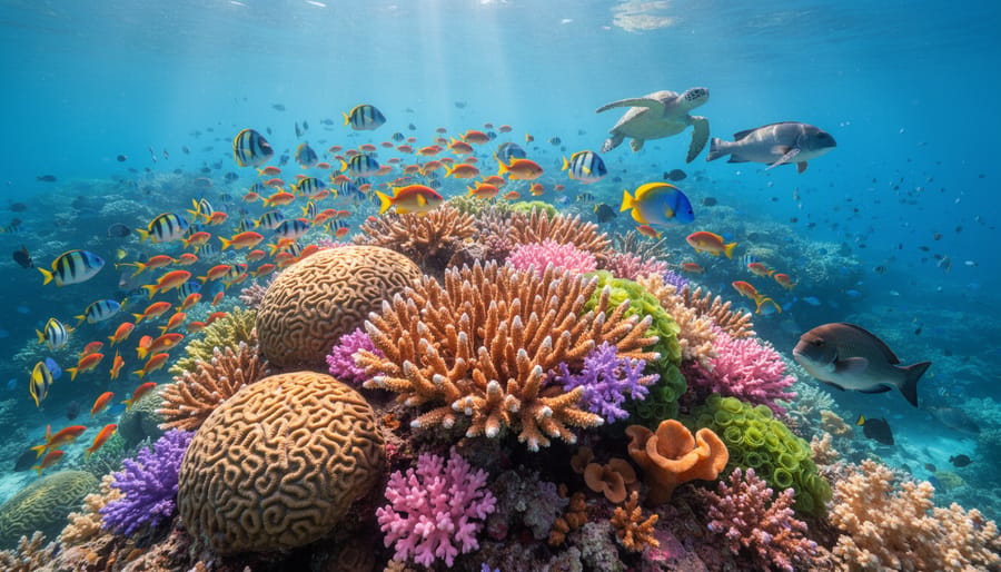 Vibrant coral reef ecosystem with diverse tropical fish swimming among colorful corals