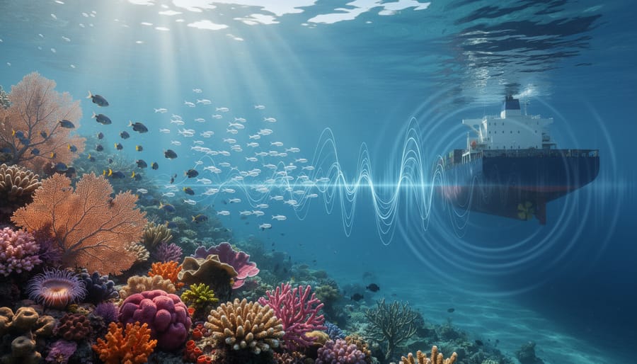 Vibrant coral reef with schools of tropical fish and diverse coral formations in clear water