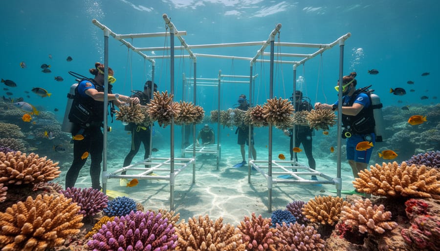 Marine researcher working with coral fragments in underwater restoration nursery