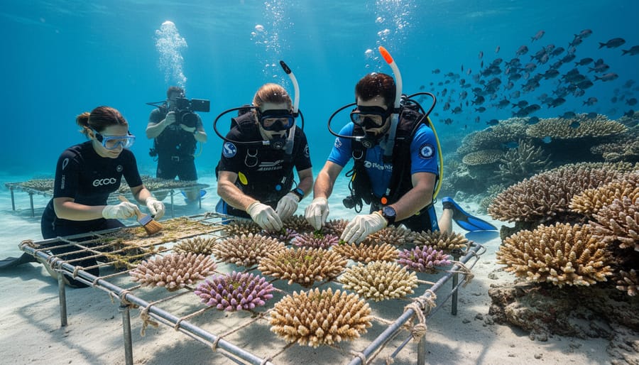 Marine biologist planting coral fragment as part of reef restoration and conservation effort
