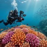 Scientific diver in full scuba gear uses an underwater camera rig to capture overlapping photos of a vibrant coral bommie for photogrammetry, with staghorn and brain corals and small reef fish lit by sunbeams in clear blue water; distant reef slope fades into the background.