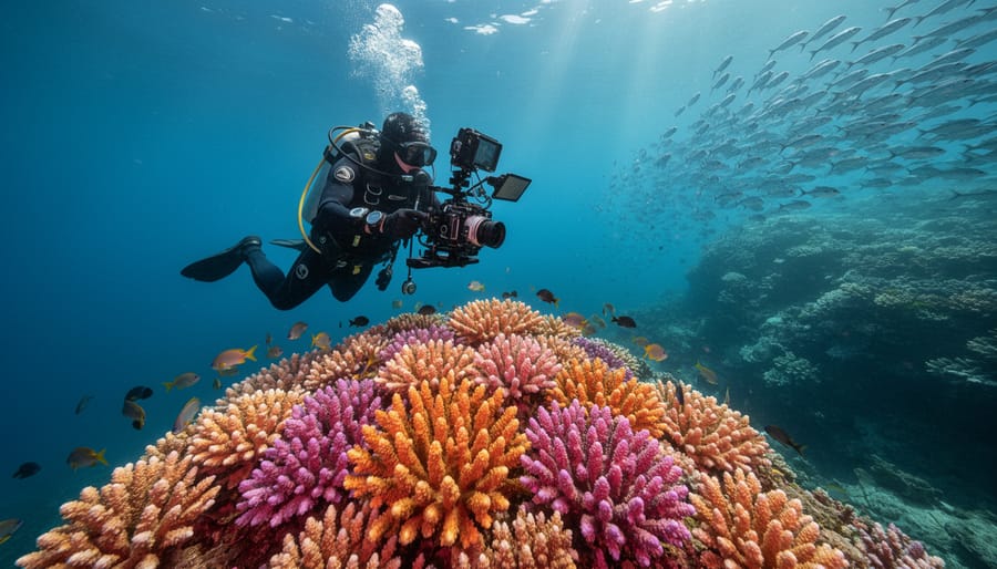 Scientific diver in full scuba gear uses an underwater camera rig to capture overlapping photos of a vibrant coral bommie for photogrammetry, with staghorn and brain corals and small reef fish lit by sunbeams in clear blue water; distant reef slope fades into the background.