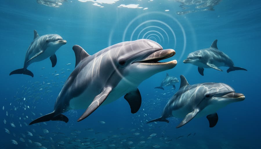 Bottlenose dolphin swimming in clear blue ocean water with natural sunlight filtering from above
