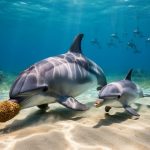 Underwater view of a female bottlenose dolphin carrying a sea sponge on her snout while searching the sandy bottom, with her calf swimming closely beside her under sunlit blue water and distant dolphins fading in the background