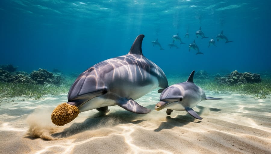 Underwater view of a female bottlenose dolphin carrying a sea sponge on her snout while searching the sandy bottom, with her calf swimming closely beside her under sunlit blue water and distant dolphins fading in the background