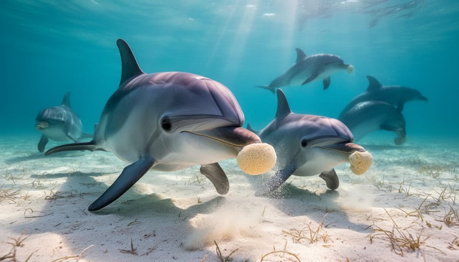 Bottlenose dolphin using marine sponge as foraging tool on ocean floor