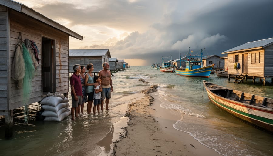 Traditional fishing boat near eroding coastline in coastal fishing village