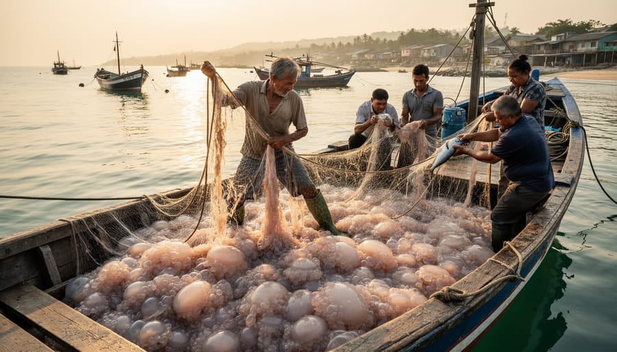 Commercial fishing nets filled with jellyfish and small fish catch on boat deck