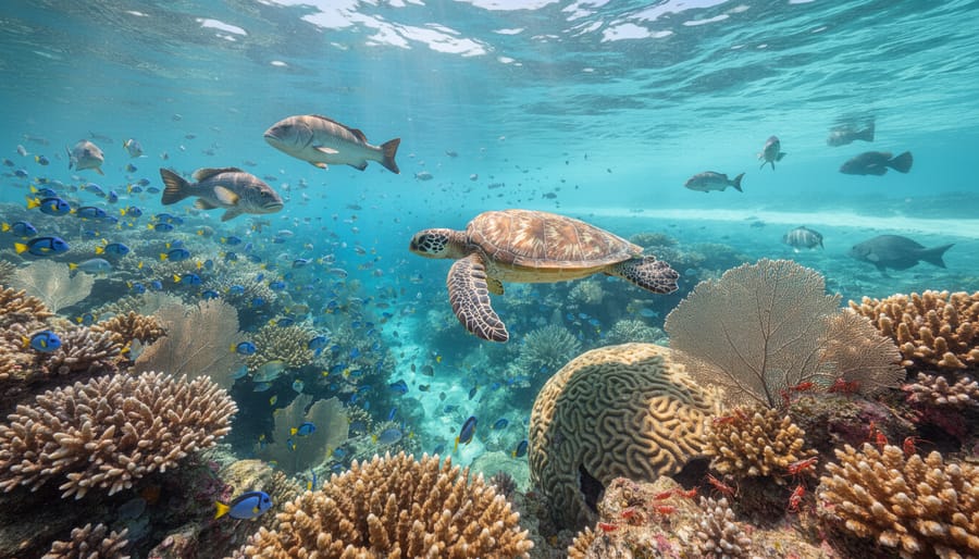 Healthy coral reef in Florida waters with tropical fish swimming among colorful corals