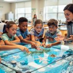Educator guides inland Florida students around a portable touch tank with sea stars, shells, and seagrass while another student wears a VR headset to experience a coral reef; classroom setting with microscopes softly blurred in the background.