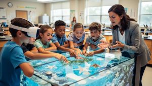 Educator guides inland Florida students around a portable touch tank with sea stars, shells, and seagrass while another student wears a VR headset to experience a coral reef; classroom setting with microscopes softly blurred in the background.