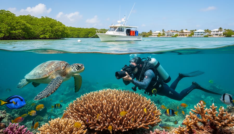 Split-shot at the waterline showing a marine scientist documenting staghorn coral on a Florida reef with a loggerhead sea turtle below, while a small research skiff floats near mangrove-fringed shoreline and low coastal houses in bright tropical light.