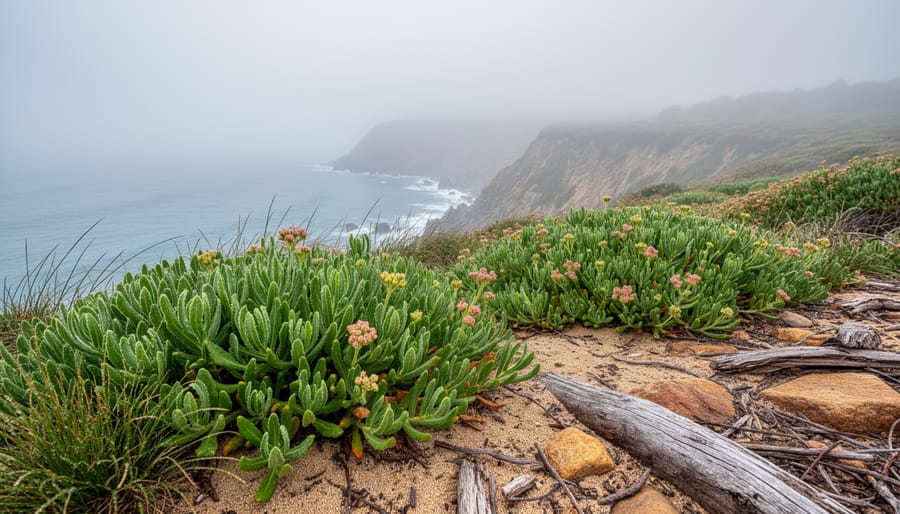 Dew-covered coastal plants with water droplets from marine layer fog