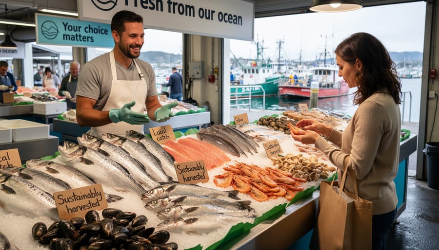 Fresh wild-caught fish displayed on ice at fish market counter