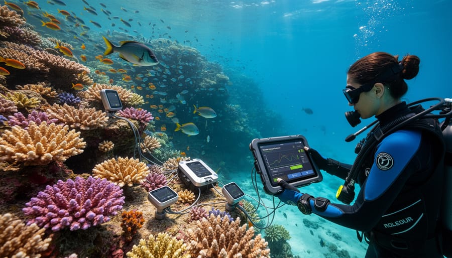 Vibrant healthy coral reef ecosystem with colorful fish and diverse coral formations underwater