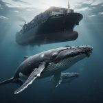 Underwater view of a humpback whale and calf with a container ship silhouetted above, propeller turbulence and scattered fish suggesting disruptive noise in blue-green water.