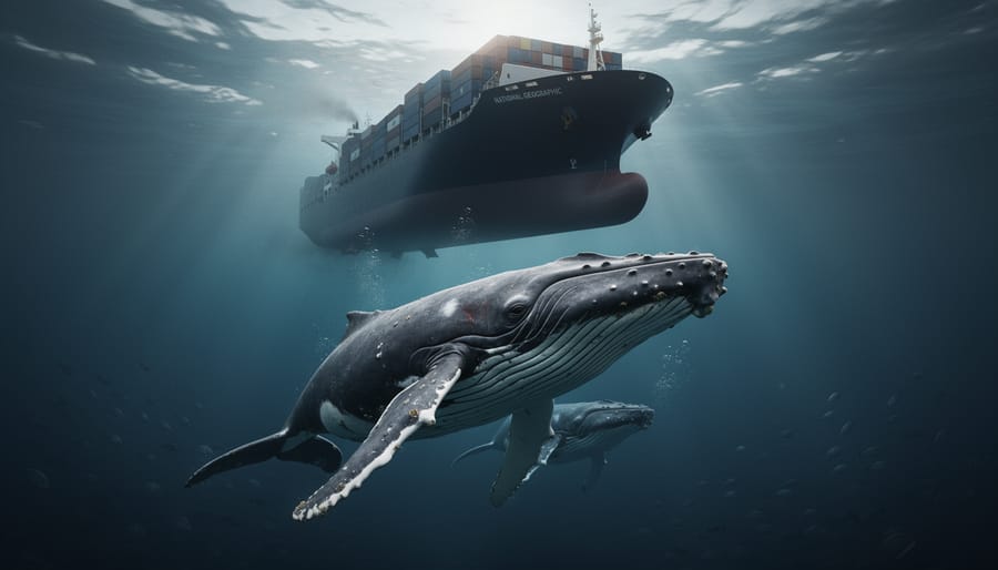 Underwater view of a humpback whale and calf with a container ship silhouetted above, propeller turbulence and scattered fish suggesting disruptive noise in blue-green water.