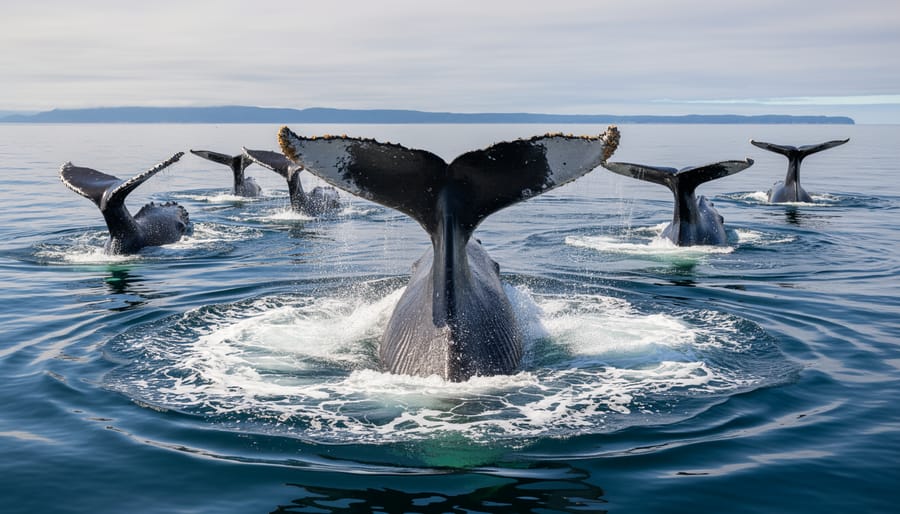 Humpback whale performing lobtail feeding technique with tail raised creating splash