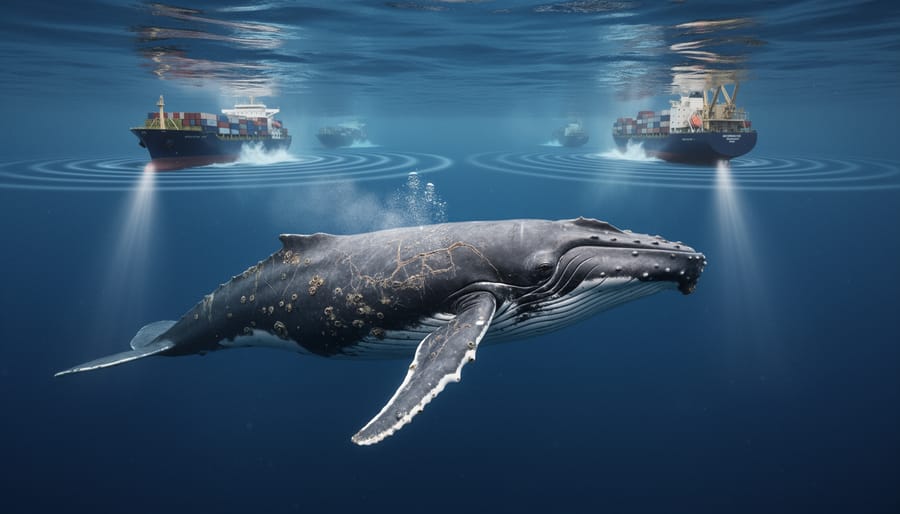 Humpback whale swimming alone in deep ocean water with sunlight filtering from above