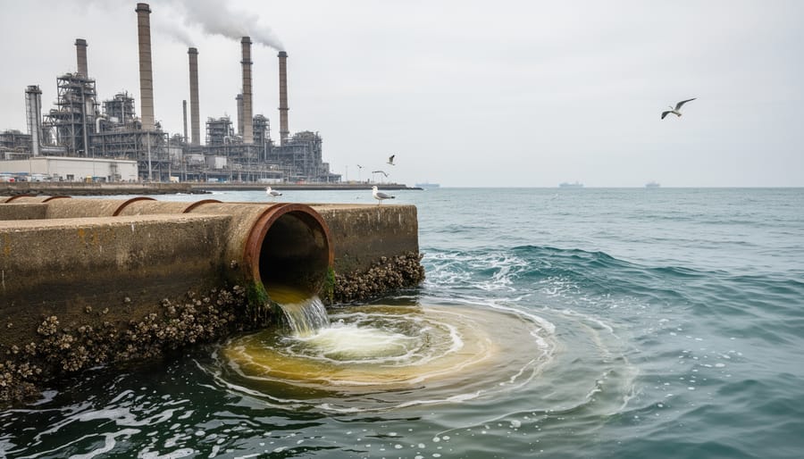 Underwater view of industrial chemical discharge entering ocean water